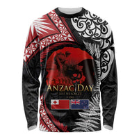 Tonga and New Zealand ANZAC Day Long Sleeve Shirt Gallipoli Lest We Forget Ngatu Art Tribal and Maori Tattoo with Fern LT03 Unisex Black - Polynesian Pride