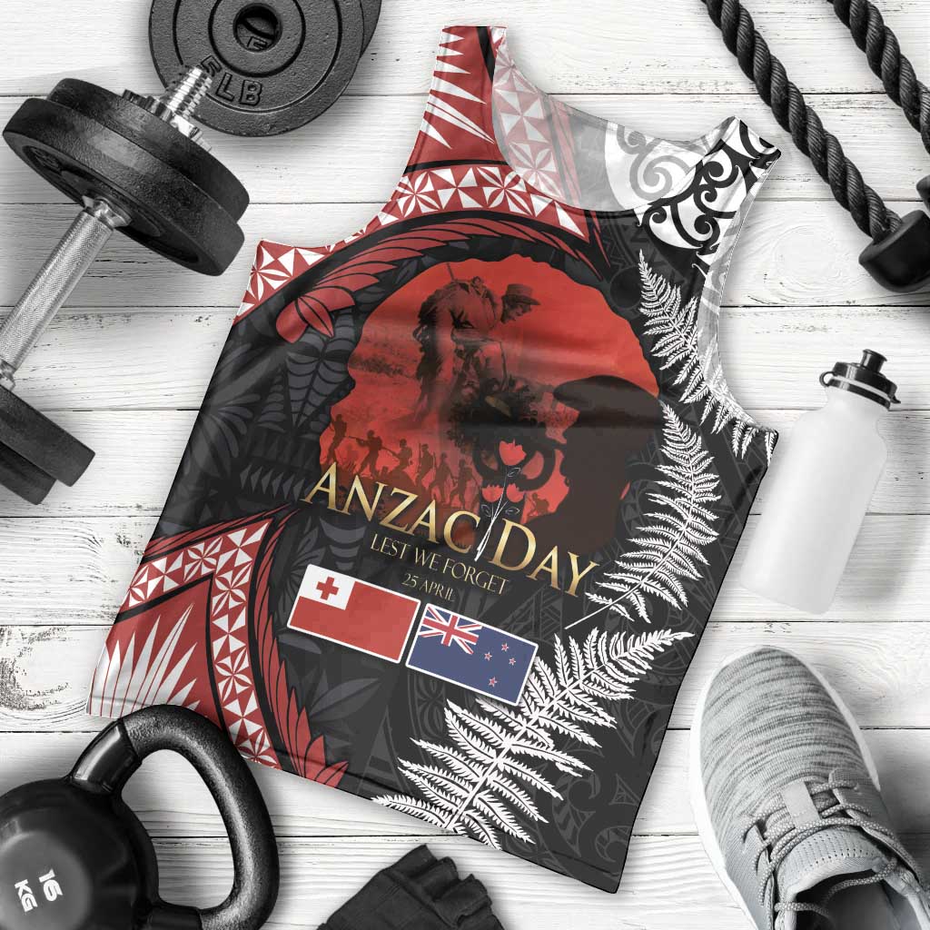 Tonga and New Zealand ANZAC Day Men Tank Top Gallipoli Lest We Forget Ngatu Art Tribal and Maori Tattoo with Fern LT03 - Polynesian Pride
