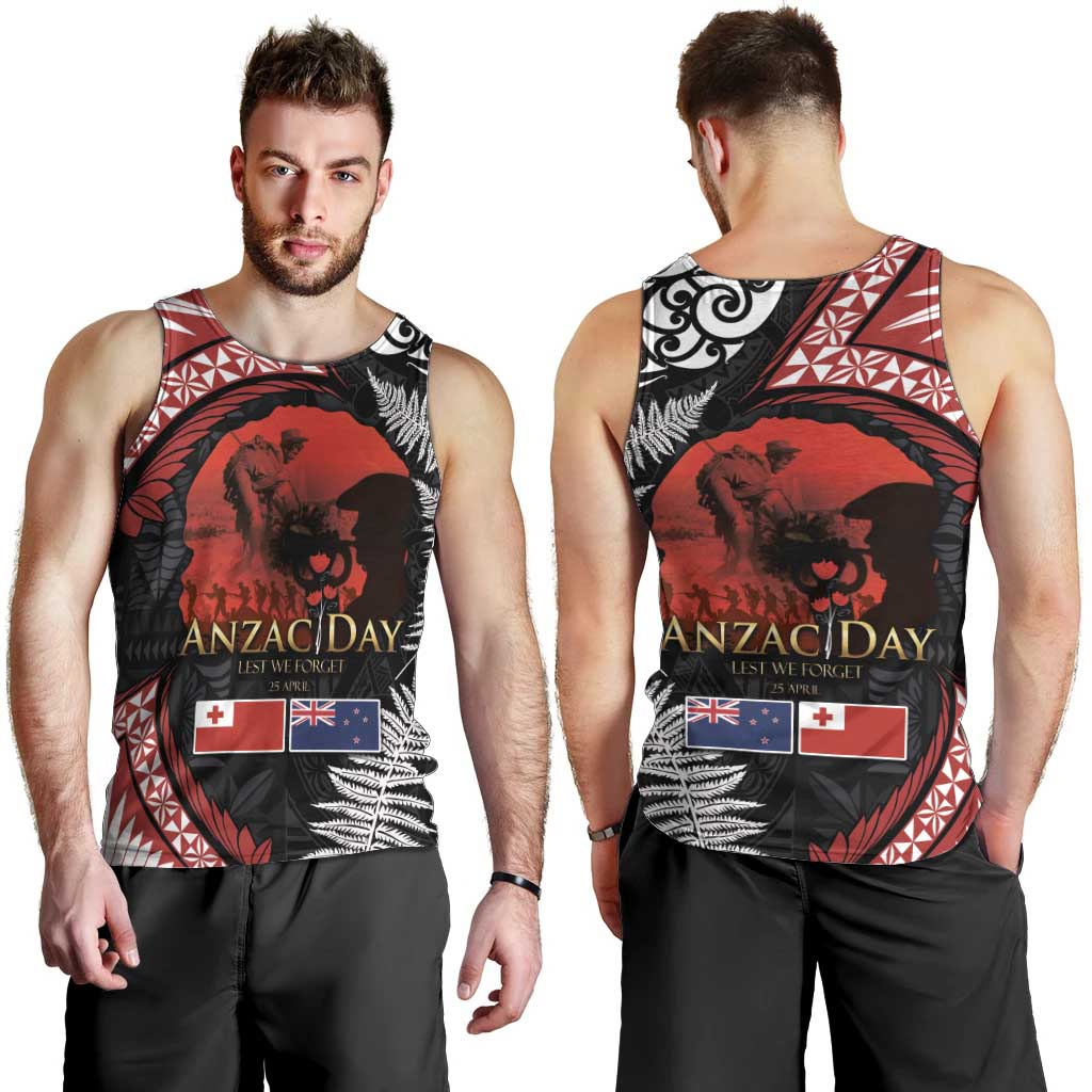 Tonga and New Zealand ANZAC Day Men Tank Top Gallipoli Lest We Forget Ngatu Art Tribal and Maori Tattoo with Fern LT03 - Polynesian Pride