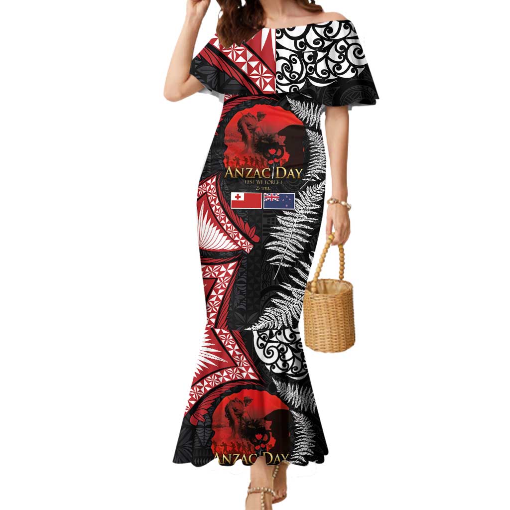 Tonga and New Zealand ANZAC Day Mermaid Dress Gallipoli Lest We Forget Ngatu Art Tribal and Maori Tattoo with Fern LT03 Women Black - Polynesian Pride