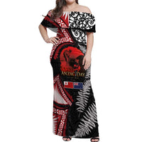 Tonga and New Zealand ANZAC Day Off Shoulder Maxi Dress Gallipoli Lest We Forget Ngatu Art Tribal and Maori Tattoo with Fern LT03