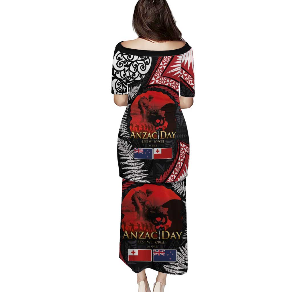 Tonga and New Zealand ANZAC Day Puletasi Gallipoli Lest We Forget Ngatu Art Tribal and Maori Tattoo with Fern LT03