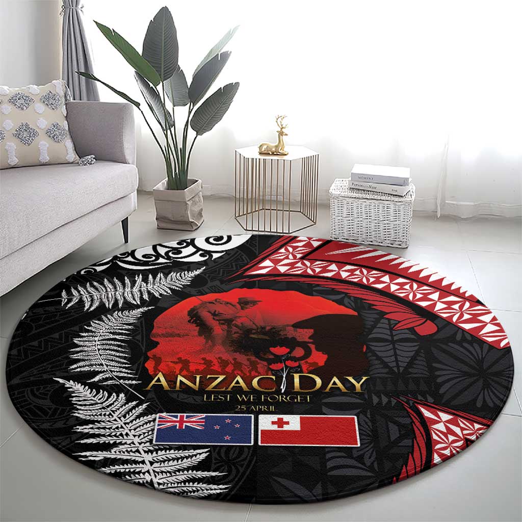 Tonga and New Zealand ANZAC Day Round Carpet Gallipoli Lest We Forget Ngatu Art Tribal and Maori Tattoo with Fern LT03 - Polynesian Pride