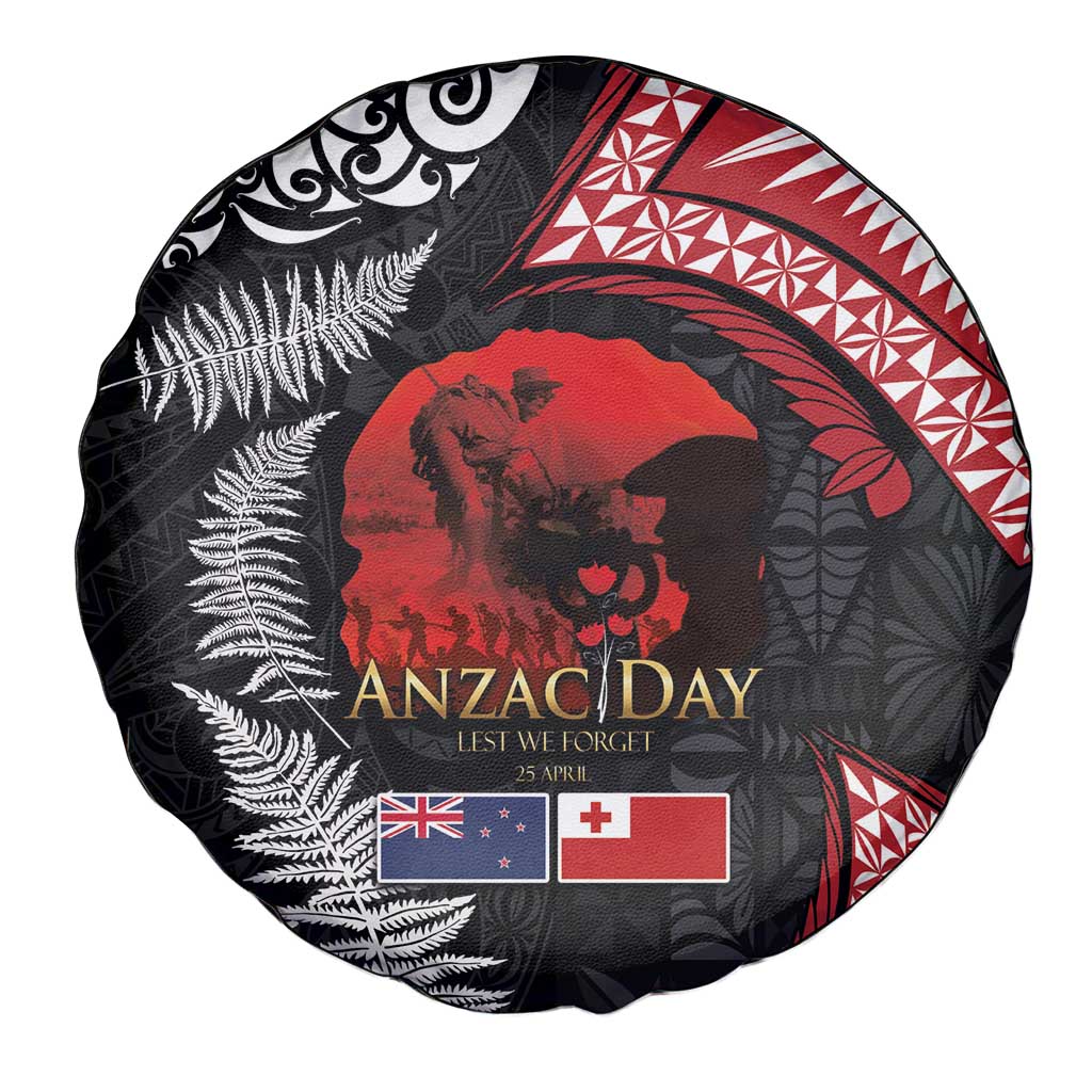 Tonga and New Zealand ANZAC Day Spare Tire Cover Gallipoli Lest We Forget Ngatu Art Tribal and Maori Tattoo with Fern LT03