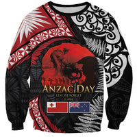 Tonga and New Zealand ANZAC Day Sweatshirt Gallipoli Lest We Forget Ngatu Art Tribal and Maori Tattoo with Fern LT03 Unisex Black - Polynesian Pride
