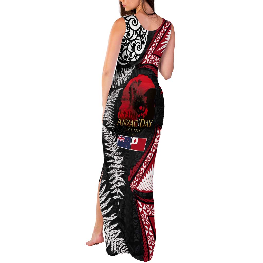 Tonga and New Zealand ANZAC Day Tank Maxi Dress Gallipoli Lest We Forget Ngatu Art Tribal and Maori Tattoo with Fern LT03 - Polynesian Pride