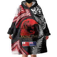 Tonga and New Zealand ANZAC Day Wearable Blanket Hoodie Gallipoli Lest We Forget Ngatu Art Tribal and Maori Tattoo with Fern LT03