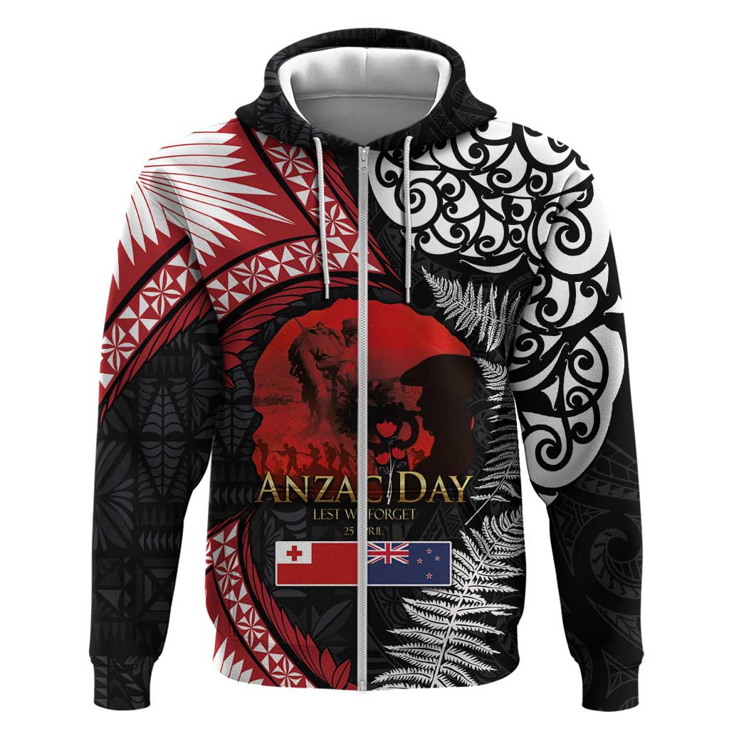 Tonga and New Zealand ANZAC Day Zip Hoodie Gallipoli Lest We Forget Ngatu Art Tribal and Maori Tattoo with Fern LT03 Zip Hoodie Black - Polynesian Pride
