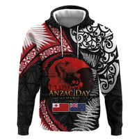 Tonga and New Zealand ANZAC Day Zip Hoodie Gallipoli Lest We Forget Ngatu Art Tribal and Maori Tattoo with Fern LT03 Pullover Hoodie Black - Polynesian Pride