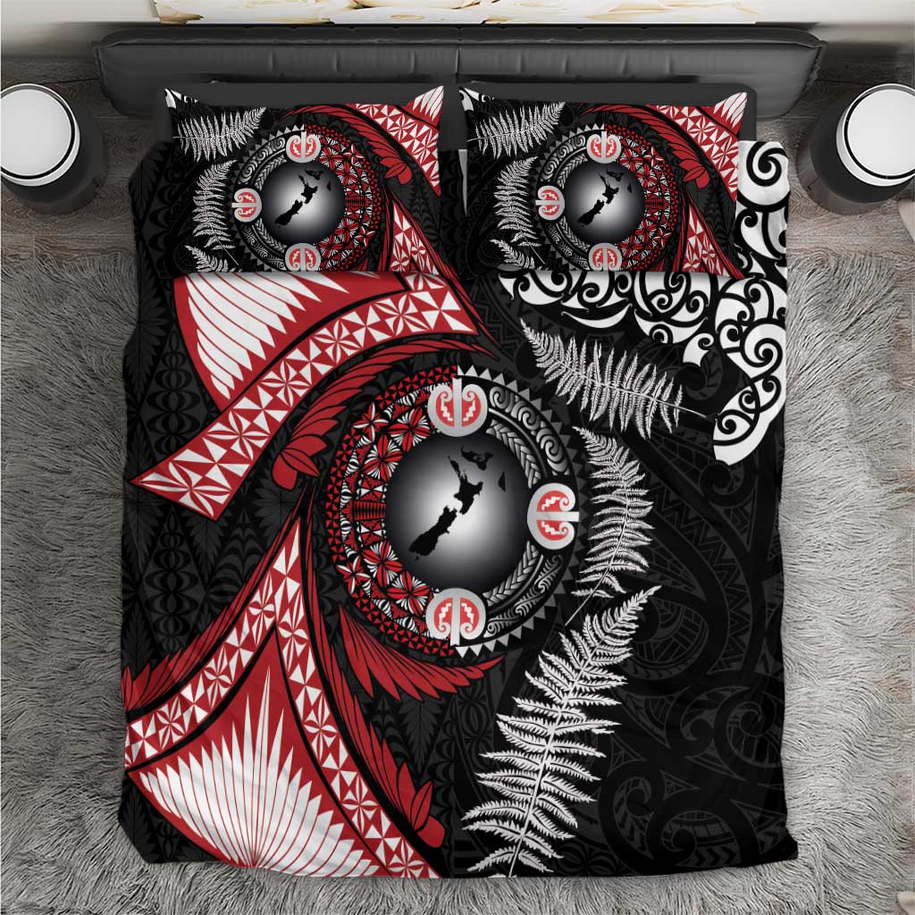 Tonga and New Zealand Together Bedding Set Ngatu Art Tribal Maori Tattoo and Silver Fern