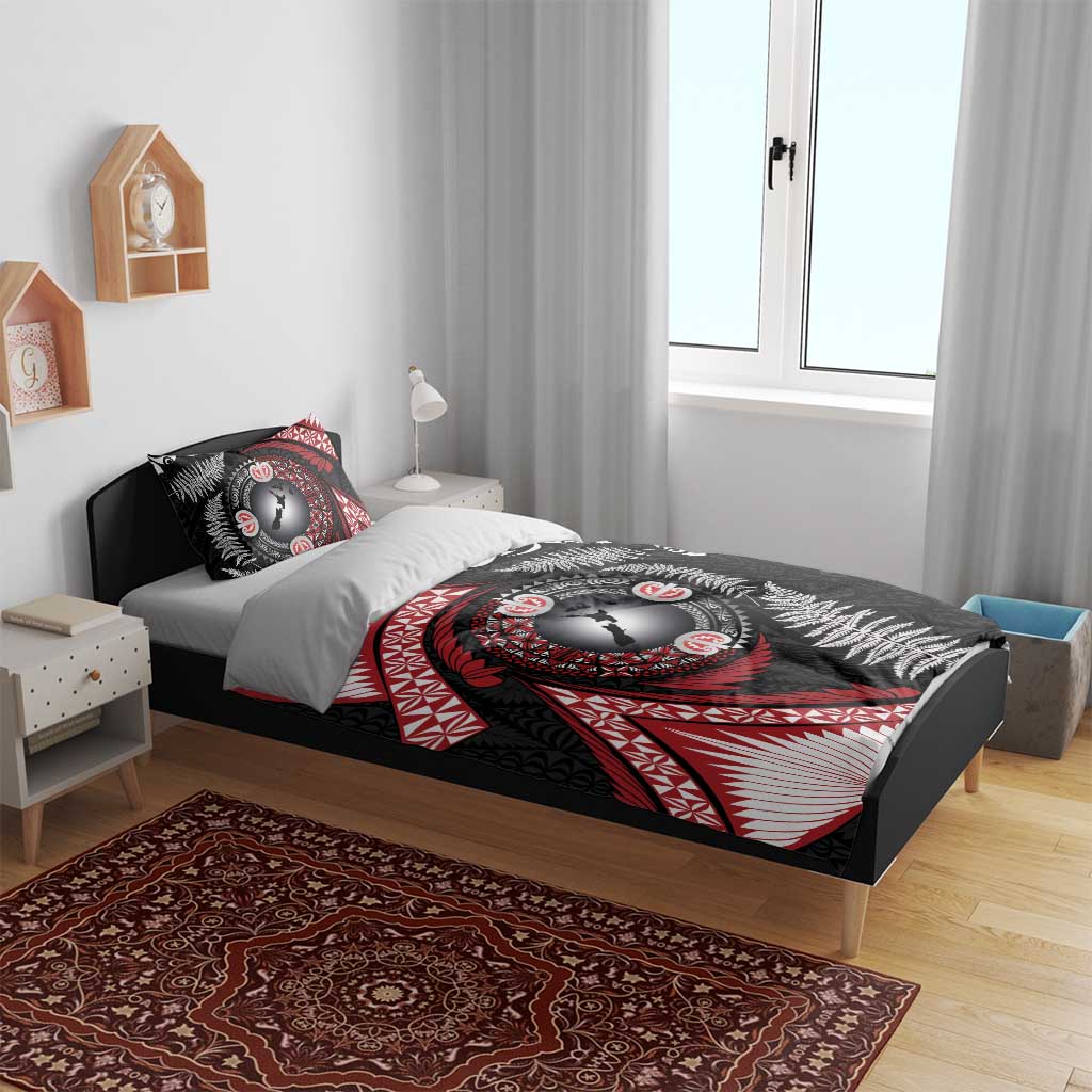 Tonga and New Zealand Together Bedding Set Ngatu Art Tribal Maori Tattoo and Silver Fern