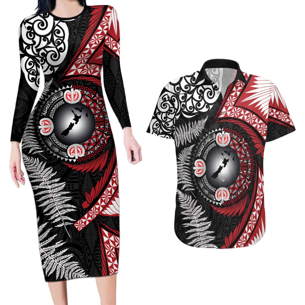 Tonga and New Zealand Together Couples Matching Long Sleeve Bodycon Dress and Hawaiian Shirt Ngatu Art Tribal Maori Tattoo and Silver Fern