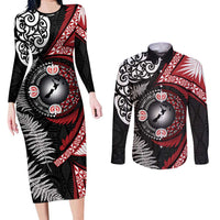 Tonga and New Zealand Together Couples Matching Long Sleeve Bodycon Dress and Long Sleeve Button Shirt Ngatu Art Tribal Maori Tattoo and Silver Fern LT03 Black - Polynesian Pride
