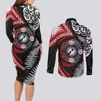 Tonga and New Zealand Together Couples Matching Long Sleeve Bodycon Dress and Long Sleeve Button Shirt Ngatu Art Tribal Maori Tattoo and Silver Fern LT03 - Polynesian Pride