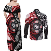 Tonga and New Zealand Together Couples Matching Off Shoulder Maxi Dress and Long Sleeve Button Shirt Ngatu Art Tribal Maori Tattoo and Silver Fern