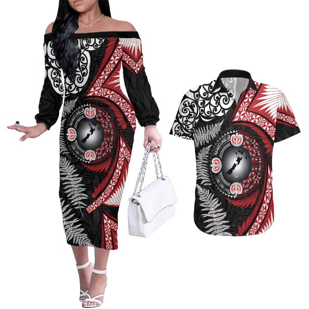 Tonga and New Zealand Together Couples Matching Off The Shoulder Long Sleeve Dress and Hawaiian Shirt Ngatu Art Tribal Maori Tattoo and Silver Fern
