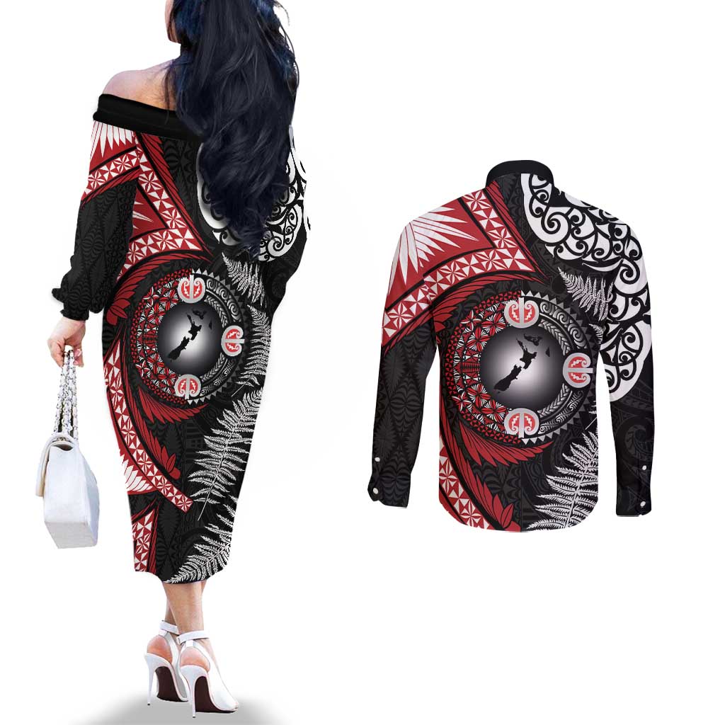 Tonga and New Zealand Together Couples Matching Off The Shoulder Long Sleeve Dress and Long Sleeve Button Shirt Ngatu Art Tribal Maori Tattoo and Silver Fern LT03 - Polynesian Pride