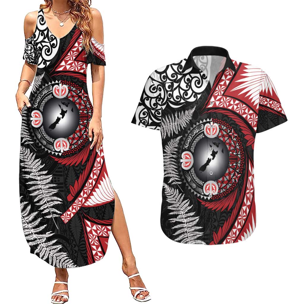 Tonga and New Zealand Together Couples Matching Summer Maxi Dress and Hawaiian Shirt Ngatu Art Tribal Maori Tattoo and Silver Fern