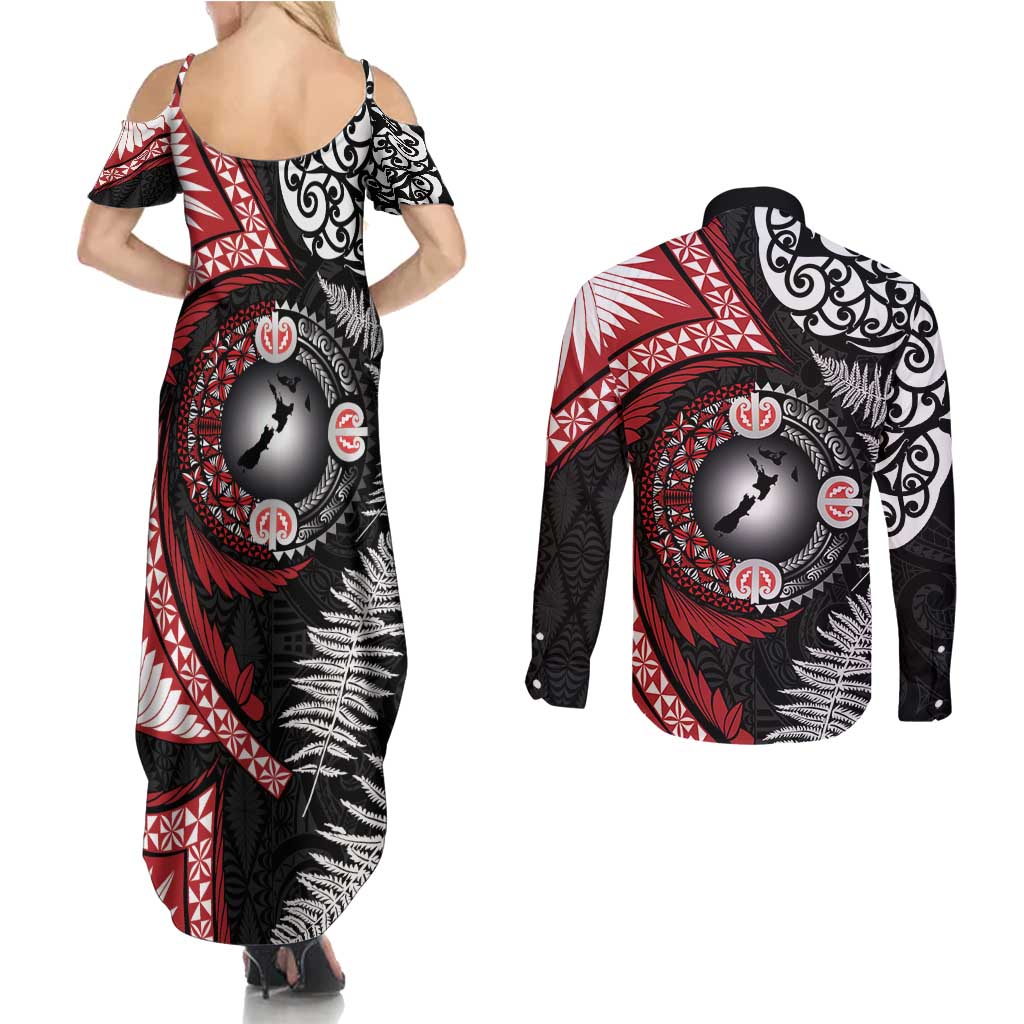 Tonga and New Zealand Together Couples Matching Summer Maxi Dress and Long Sleeve Button Shirt Ngatu Art Tribal Maori Tattoo and Silver Fern LT03 - Polynesian Pride
