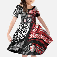 Tonga and New Zealand Together Family Matching Mermaid Dress and Hawaiian Shirt Ngatu Art Tribal Maori Tattoo and Silver Fern LT03 Daughter's Dress Black - Polynesian Pride