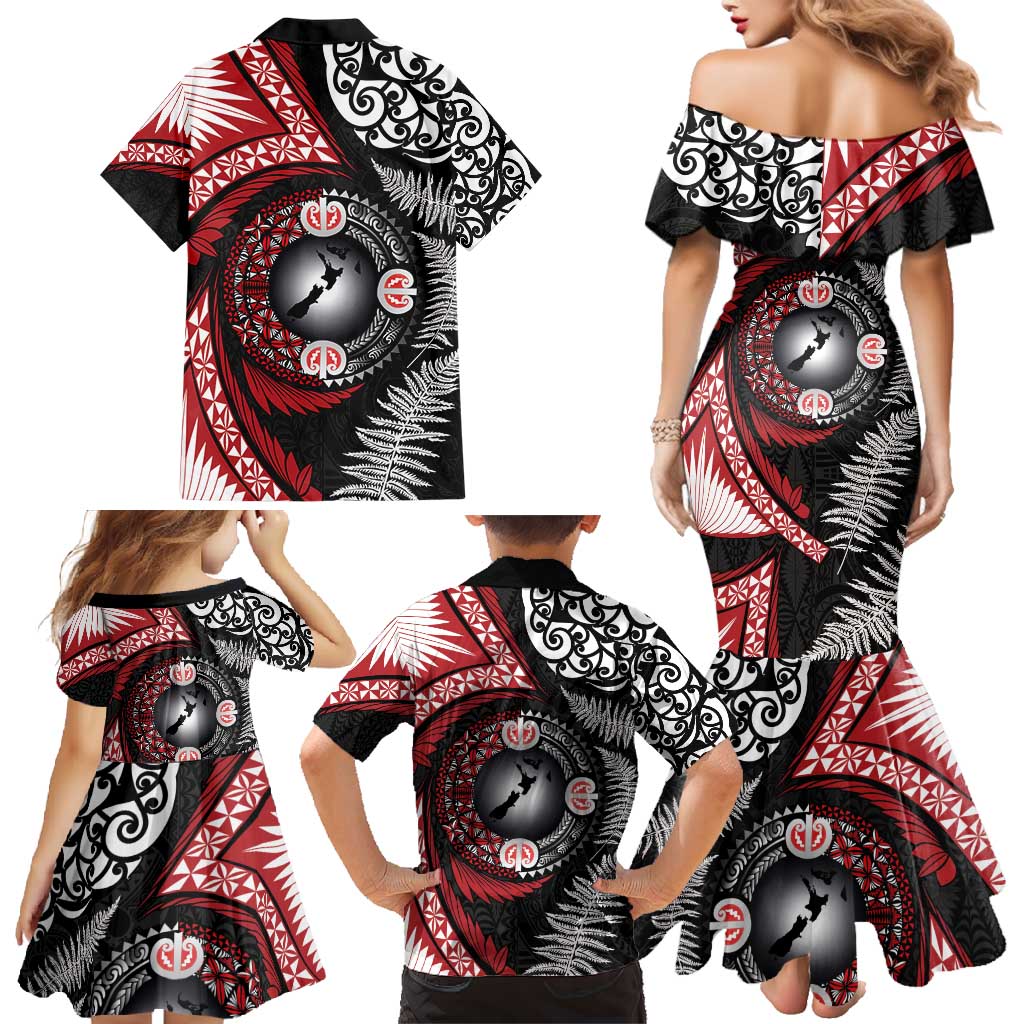 Tonga and New Zealand Together Family Matching Mermaid Dress and Hawaiian Shirt Ngatu Art Tribal Maori Tattoo and Silver Fern LT03 - Polynesian Pride