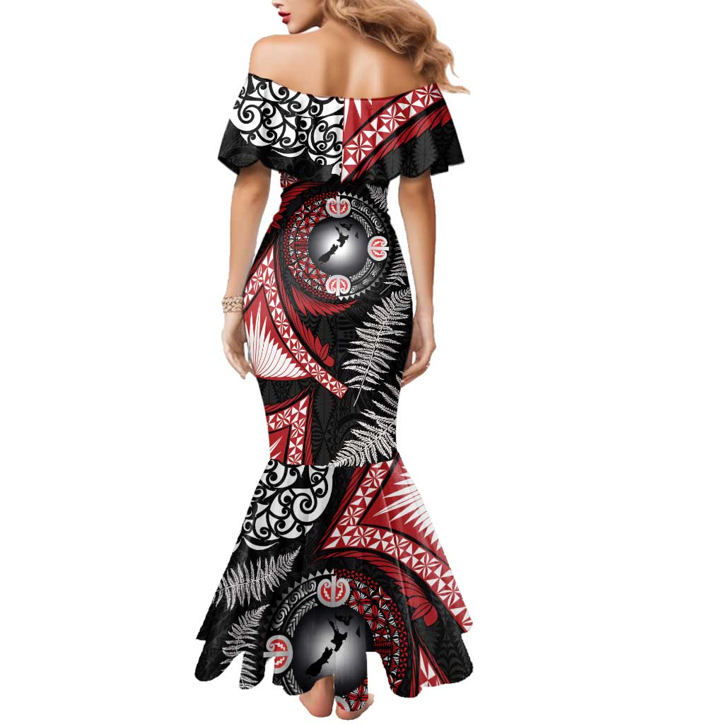 Tonga and New Zealand Together Family Matching Mermaid Dress and Hawaiian Shirt Ngatu Art Tribal Maori Tattoo and Silver Fern LT03 - Polynesian Pride