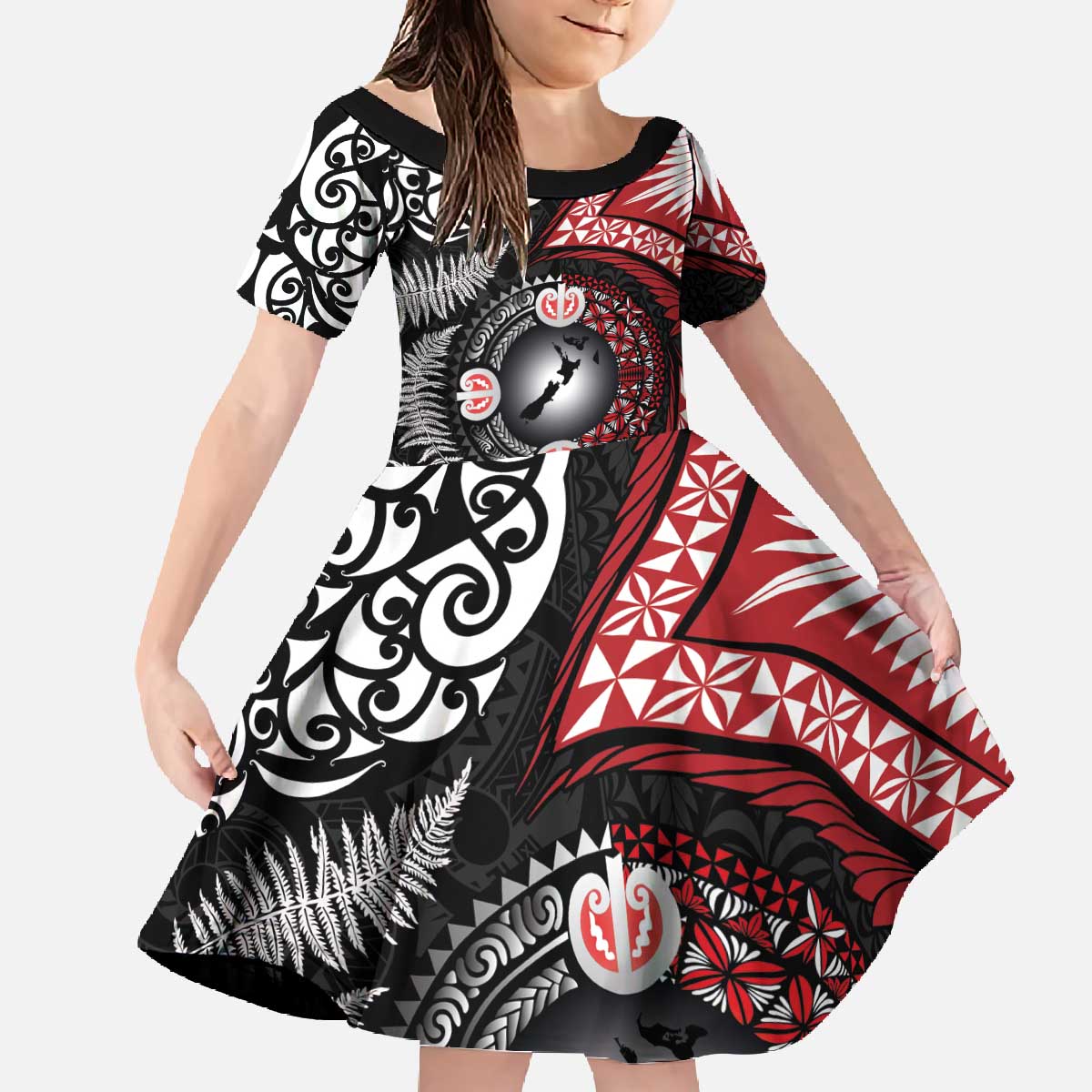 Tonga and New Zealand Together Family Matching Off The Shoulder Long Sleeve Dress and Hawaiian Shirt Ngatu Art Tribal Maori Tattoo and Silver Fern LT03 Daughter's Dress Black - Polynesian Pride