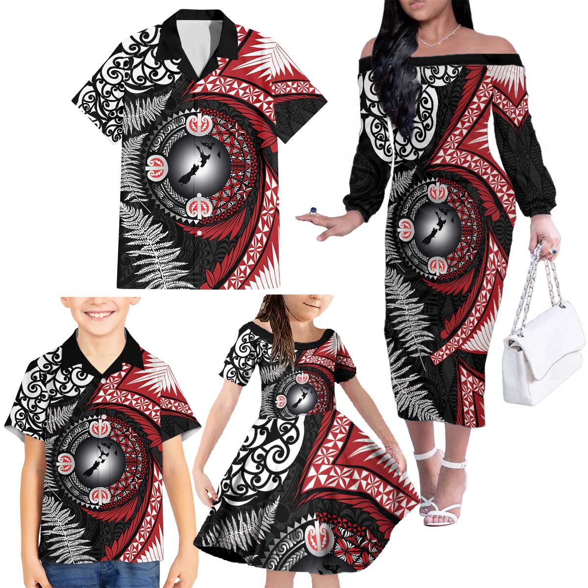 Tonga and New Zealand Together Family Matching Off The Shoulder Long Sleeve Dress and Hawaiian Shirt Ngatu Art Tribal Maori Tattoo and Silver Fern LT03 - Polynesian Pride