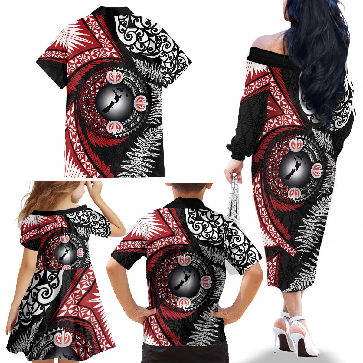 Tonga and New Zealand Together Family Matching Off The Shoulder Long Sleeve Dress and Hawaiian Shirt Ngatu Art Tribal Maori Tattoo and Silver Fern LT03 - Polynesian Pride