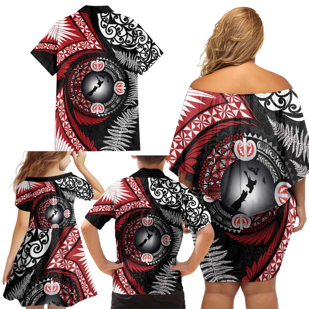 Tonga and New Zealand Together Family Matching Off Shoulder Short Dress and Hawaiian Shirt Ngatu Art Tribal Maori Tattoo and Silver Fern