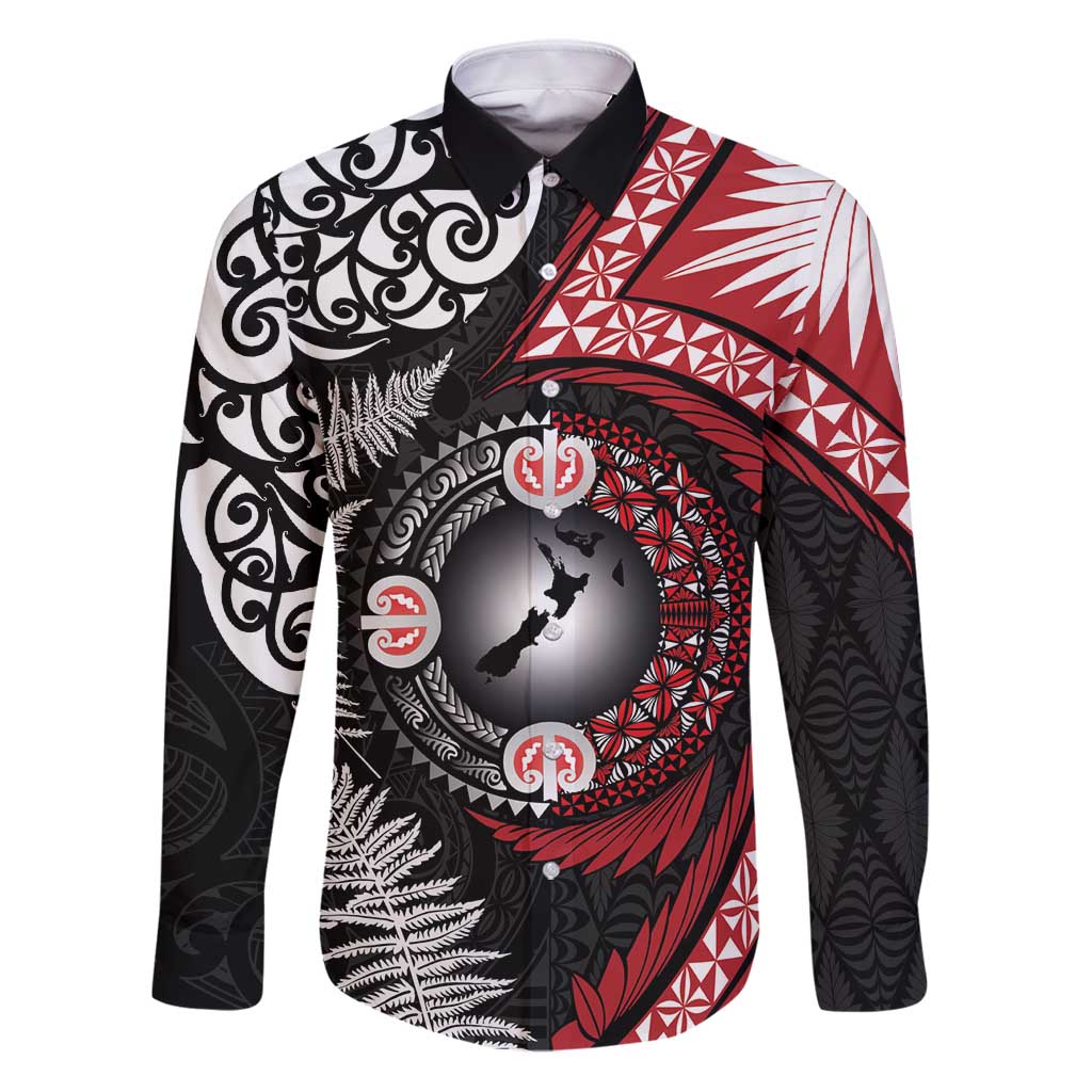 Tonga and New Zealand Together Family Matching Puletasi and Hawaiian Shirt Ngatu Art Tribal Maori Tattoo and Silver Fern LT03 Dad's Shirt - Long Sleeve Black - Polynesian Pride