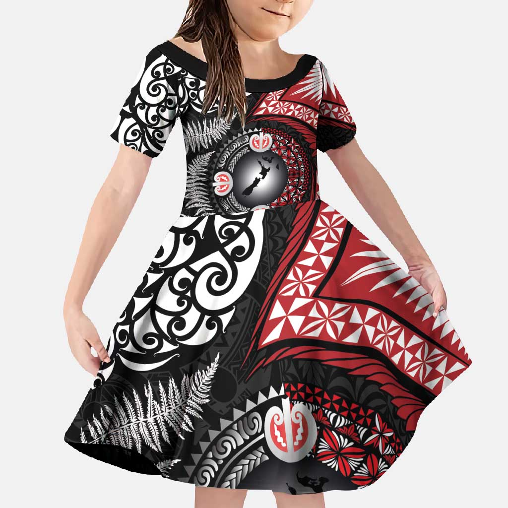 Tonga and New Zealand Together Family Matching Short Sleeve Bodycon Dress and Hawaiian Shirt Ngatu Art Tribal Maori Tattoo and Silver Fern LT03 Daughter's Dress Black - Polynesian Pride