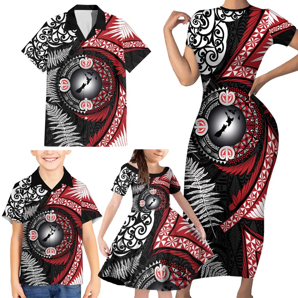 Tonga and New Zealand Together Family Matching Short Sleeve Bodycon Dress and Hawaiian Shirt Ngatu Art Tribal Maori Tattoo and Silver Fern LT03 - Polynesian Pride