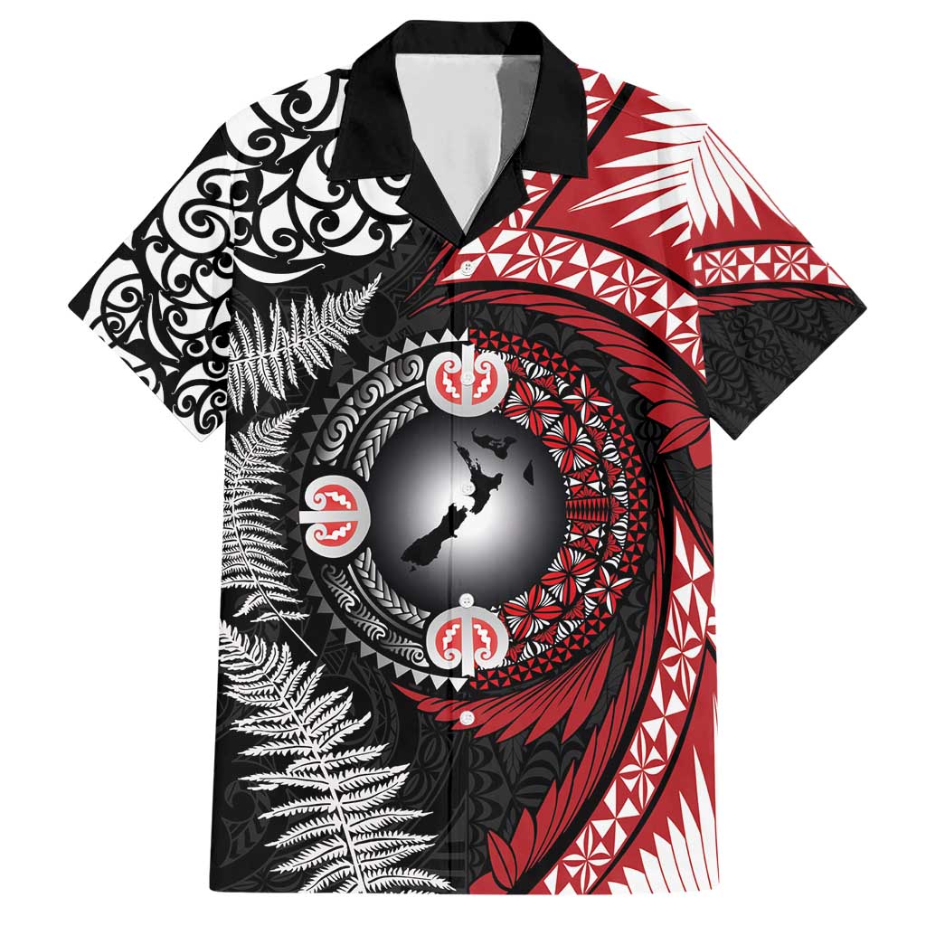 Tonga and New Zealand Together Family Matching Short Sleeve Bodycon Dress and Hawaiian Shirt Ngatu Art Tribal Maori Tattoo and Silver Fern LT03 Dad's Shirt - Short Sleeve Black - Polynesian Pride