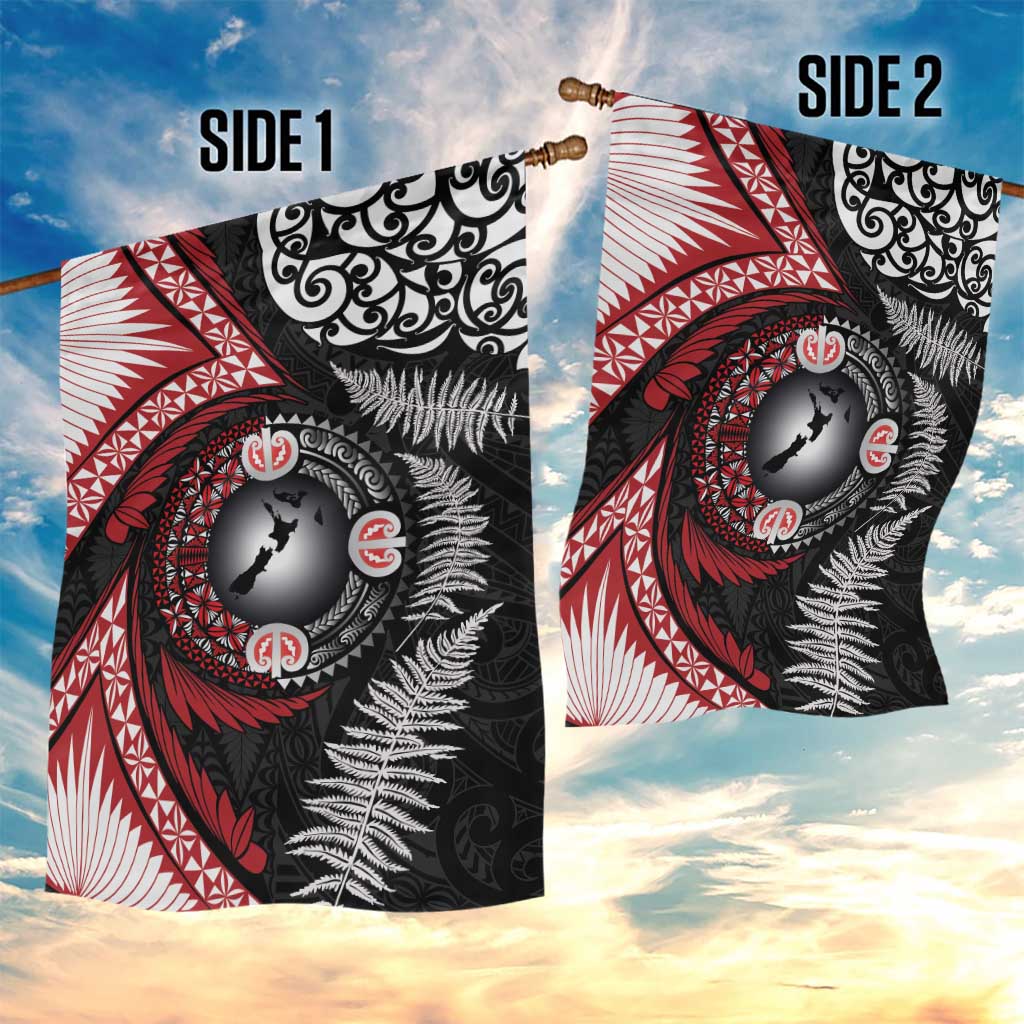 Tonga and New Zealand Together Garden Flag Ngatu Art Tribal Maori Tattoo and Silver Fern