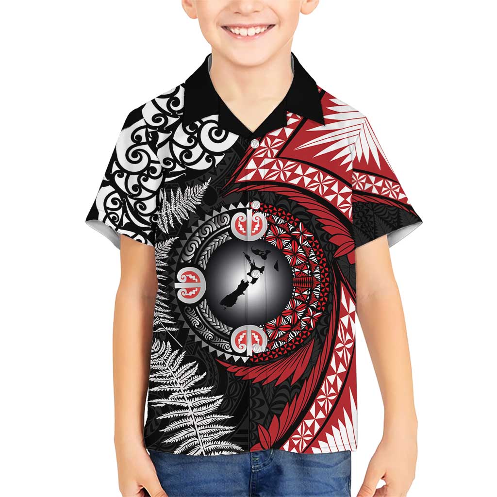 Tonga and New Zealand Together Kid Hawaiian Shirt Ngatu Art Tribal Maori Tattoo and Silver Fern