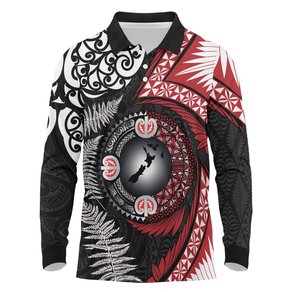 Tonga and New Zealand Together Long Sleeve Polo Shirt Ngatu Art Tribal Maori Tattoo and Silver Fern LT03 Black - Polynesian Pride