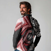Tonga and New Zealand Together Long Sleeve Polo Shirt Ngatu Art Tribal Maori Tattoo and Silver Fern LT03 - Polynesian Pride