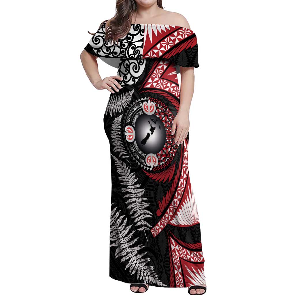 Tonga and New Zealand Together Off Shoulder Maxi Dress Ngatu Art Tribal Maori Tattoo and Silver Fern