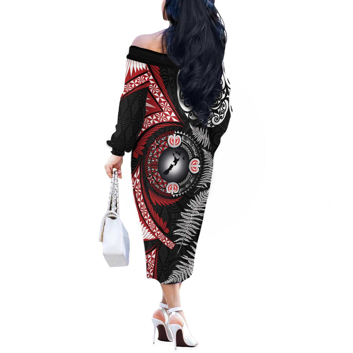 Tonga and New Zealand Together Off The Shoulder Long Sleeve Dress Ngatu Art Tribal Maori Tattoo and Silver Fern