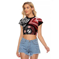 Tonga and New Zealand Together Raglan Cropped T Shirt Ngatu Art Tribal Maori Tattoo and Silver Fern LT03 Female Black - Polynesian Pride