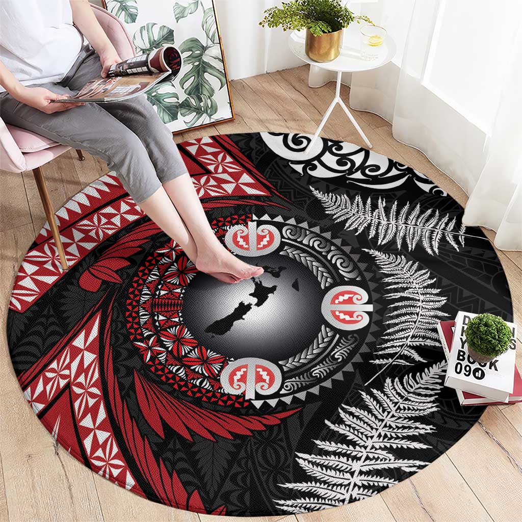 Tonga and New Zealand Together Round Carpet Ngatu Art Tribal Maori Tattoo and Silver Fern LT03 - Polynesian Pride