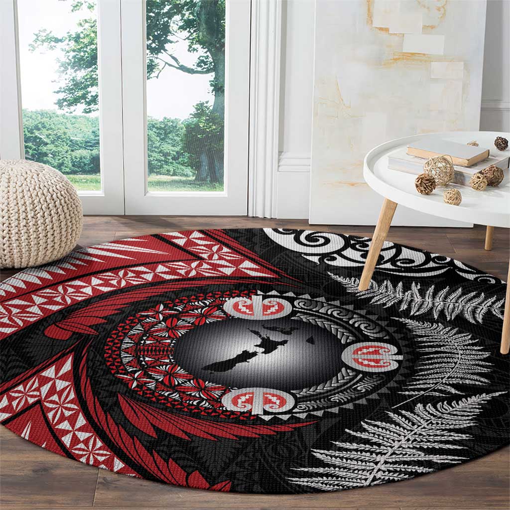 Tonga and New Zealand Together Round Carpet Ngatu Art Tribal Maori Tattoo and Silver Fern LT03 - Polynesian Pride