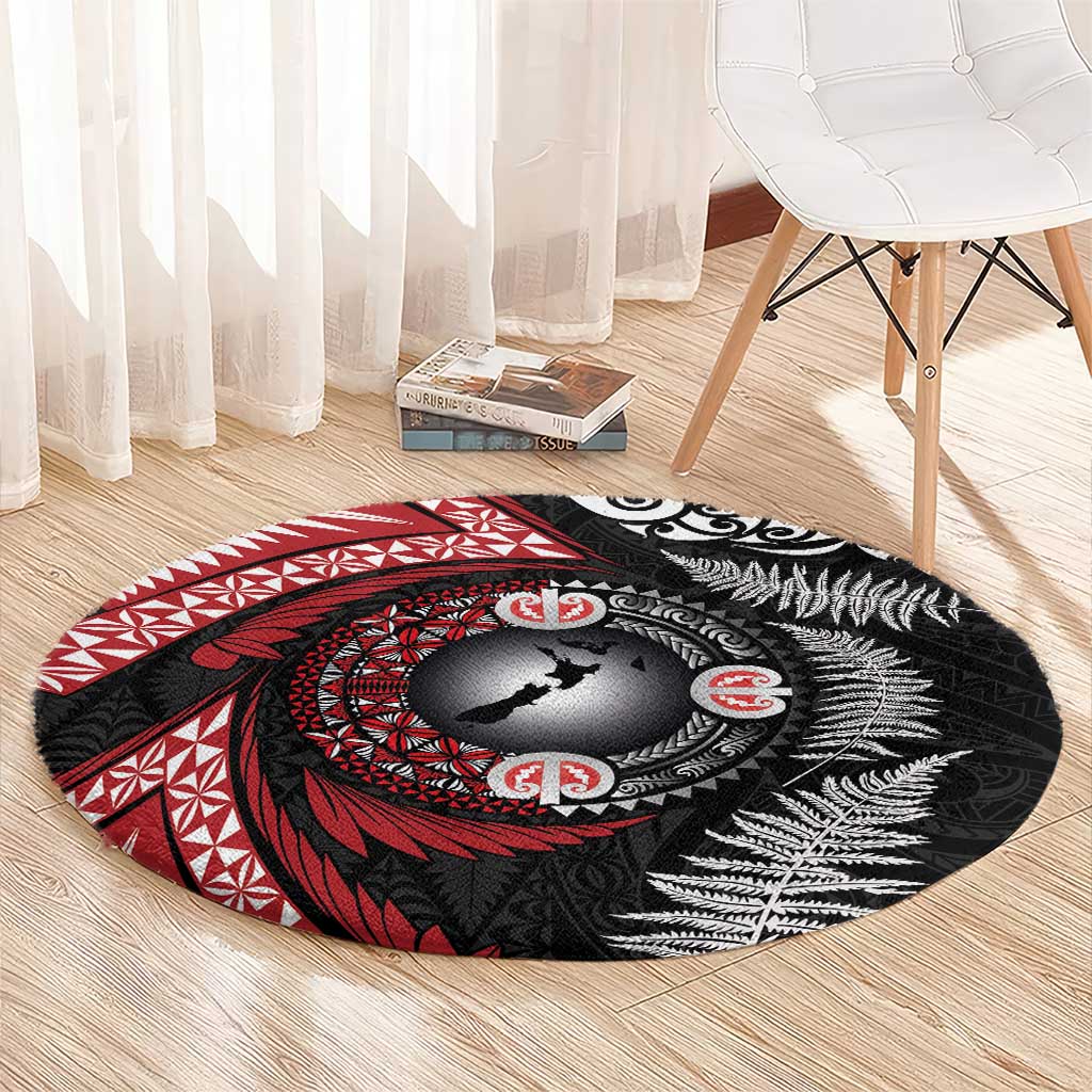 Tonga and New Zealand Together Round Carpet Ngatu Art Tribal Maori Tattoo and Silver Fern LT03 - Polynesian Pride