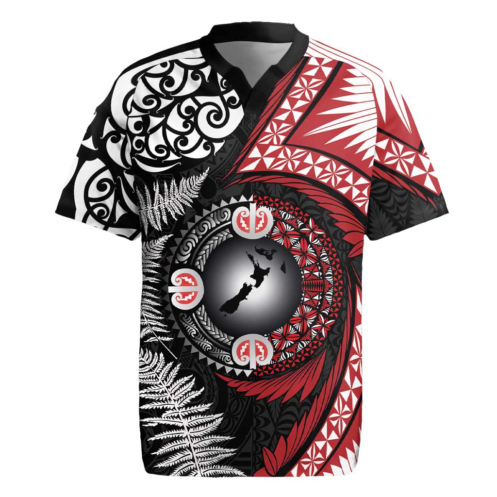 Tonga and New Zealand Together Rugby Jersey Ngatu Art Tribal Maori Tattoo and Silver Fern