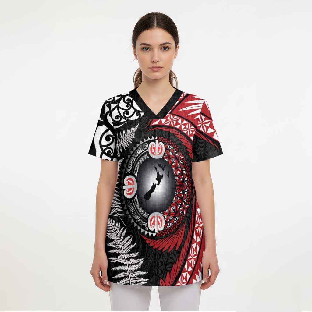 Tonga and New Zealand Together Scrub Top Ngatu Art Tribal Maori Tattoo and Silver Fern - Polynesian Pride