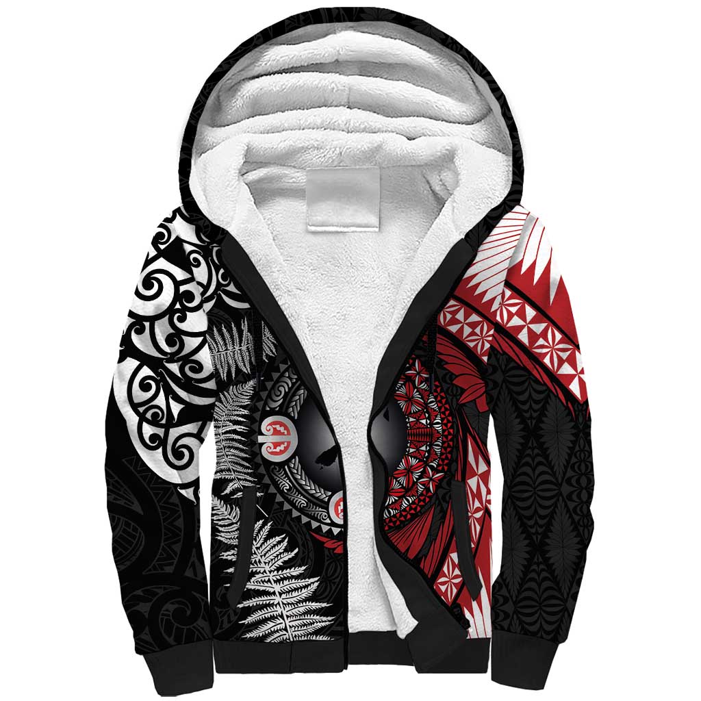 Tonga and New Zealand Together Sherpa Hoodie Ngatu Art Tribal Maori Tattoo and Silver Fern LT03 Unisex Black - Polynesian Pride