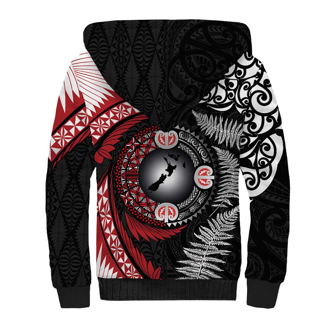 Tonga and New Zealand Together Sherpa Hoodie Ngatu Art Tribal Maori Tattoo and Silver Fern LT03 - Polynesian Pride