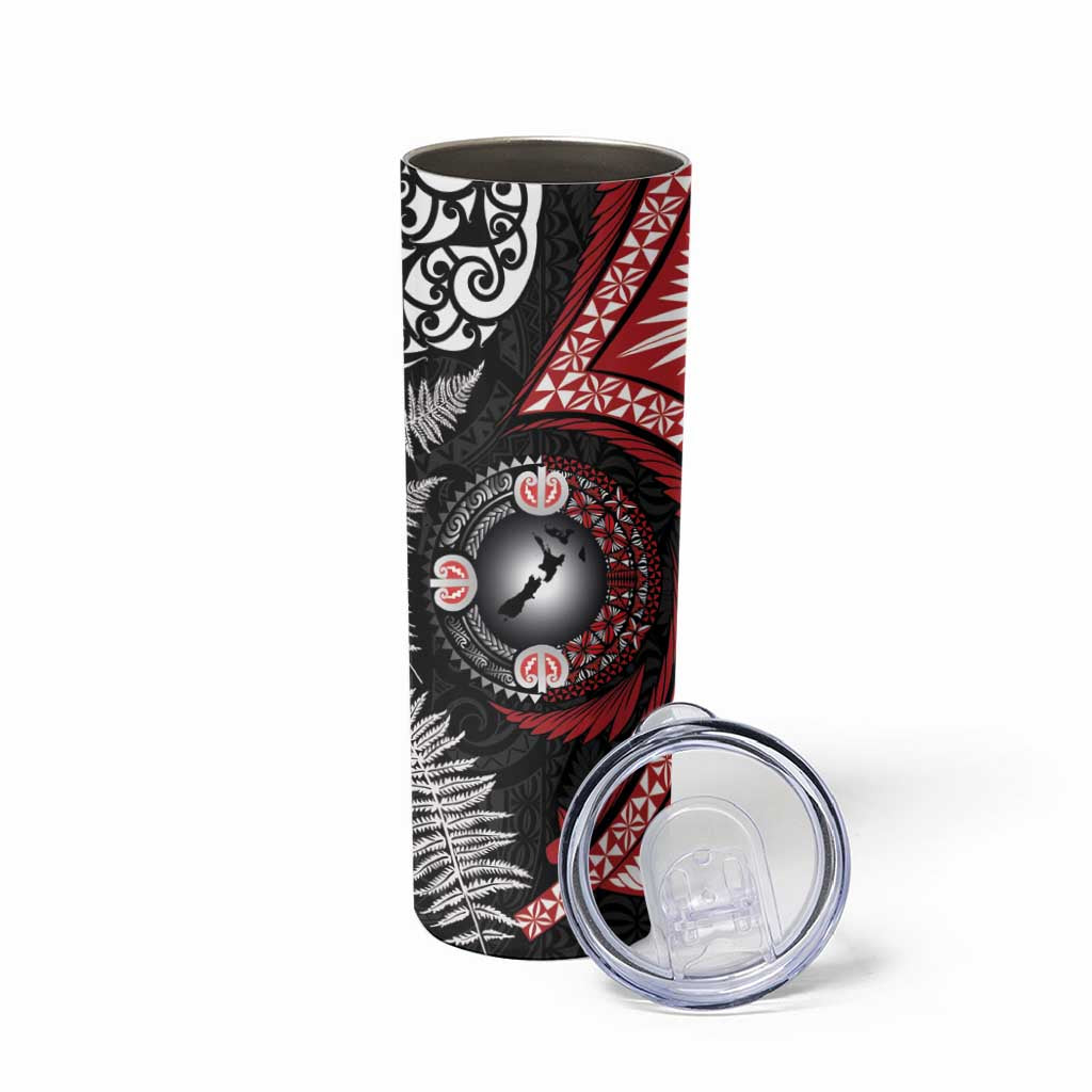 Tonga and New Zealand Together Skinny Tumbler Ngatu Art Tribal-Maori Tattoo and Silver Fern LT03 - Polynesian Pride