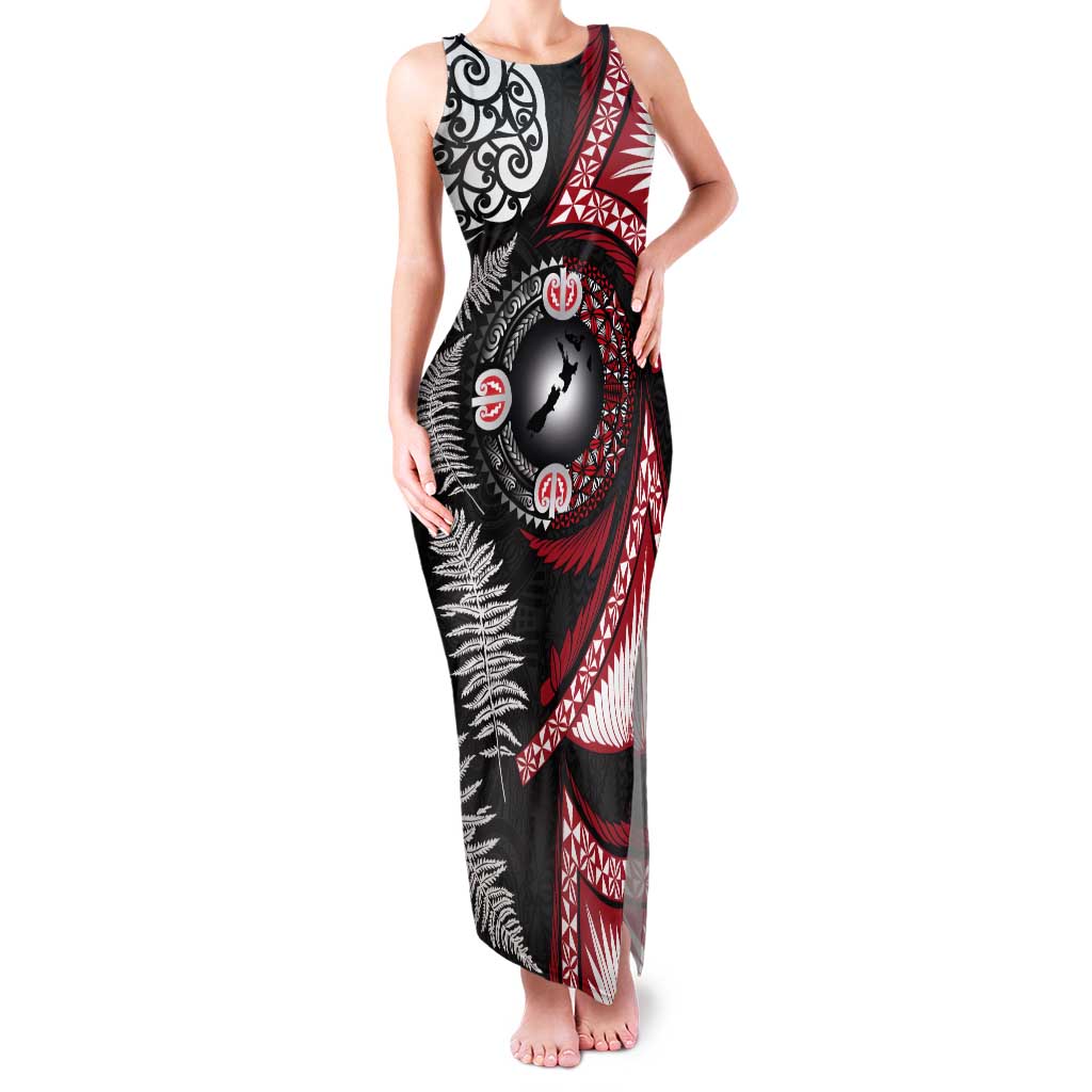 Tonga and New Zealand Together Tank Maxi Dress Ngatu Art Tribal Maori Tattoo and Silver Fern LT03 Women Black - Polynesian Pride
